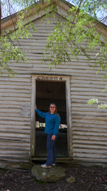 Sandra Ballard strikes the same pose that Harriette Arnow did back when she was a teacher here in about 1940. Photo by Pat Arnow