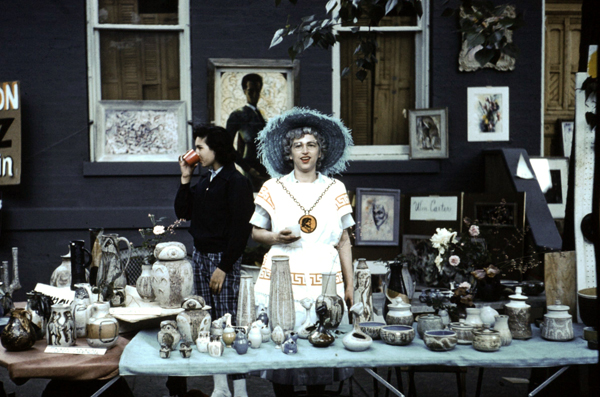 Edna Arnow with her stoneware pottery at the Old Town Art Fair, 1960. 