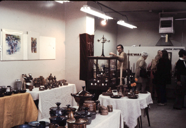 Studio sale of Arnow pottery and Banner jewelry at store on Lunt Avenue under the "el" tracks, about 1969
