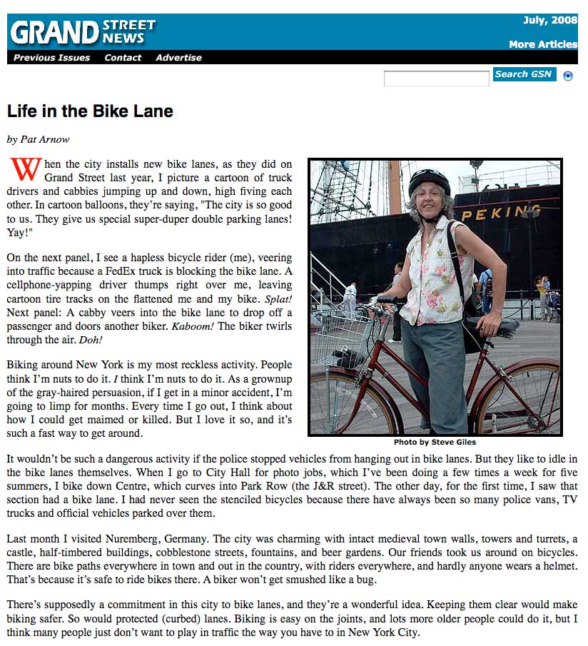 Life in the Bike Lane, article from 2008 Grand Street News, about riding a bicycle in New York City. Screen grab from Grand Street News website, now offline. 