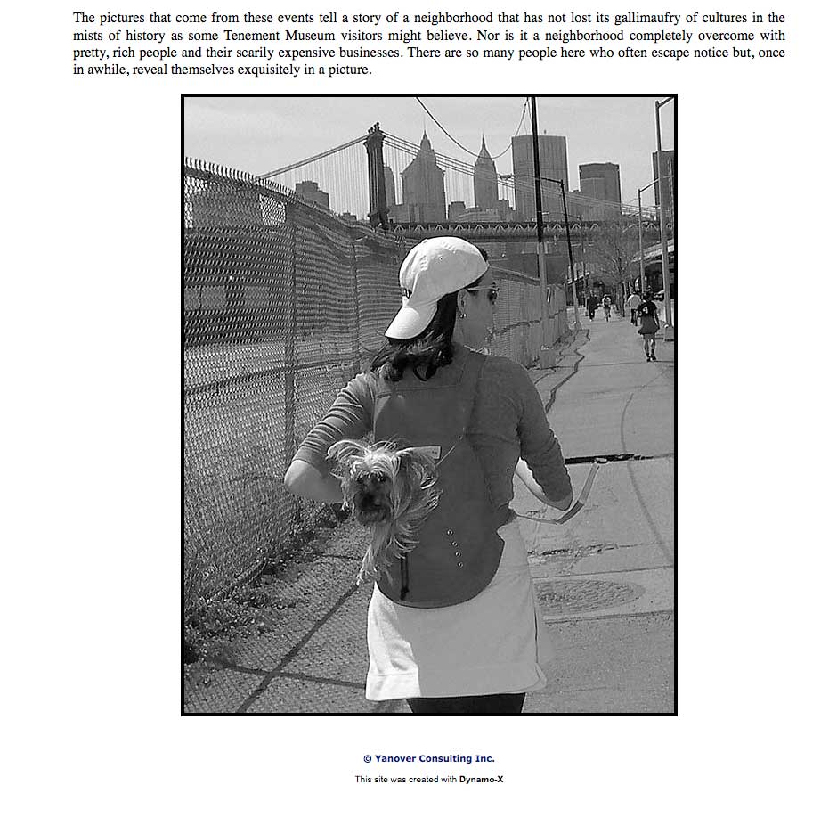 Pixel Dust and Me, the story of becoming a New York City Photographer. Here's a photo of a woman jogging with a little dog poking its head out of her backpack. It's on the East River bike and pedestrian path, a particularly grim stretch with chain link and no view of the river. But the dog is cute anyway. Pat Arnow