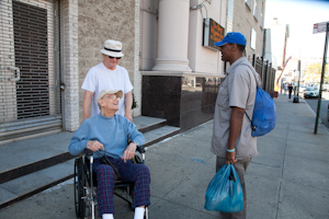 A man stops to talk with us and tells us how he was evicted from his building across the street, a nice-looking (from the outside) five-story tenement with a landlord who didn’t fix up the place and who just got rid of people. He is homeless now, he says. A man stops to talk with us and tells us how he was evicted from his building across the street, a nice-looking (from the outside) five-story tenement with a landlord who didn’t fix up the place and who just got rid of people. He is homeless now, he says. Photo by Pat Arnow