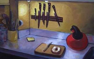 Painting of our New York kitchen (you can tell it's New York by the bagel on the counter, right? By Jennifer Miller, North Carolina painter. 
