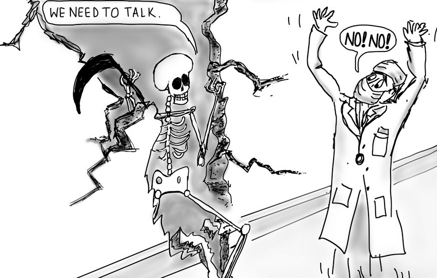 Cartoon of skeleton with scythe breaking through a wall to confront a doctor who is shouting, No! No!