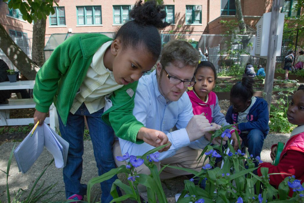 Second graders at the Eubie Blake Children's Garden in Brooklyn learn about the parts of plants from teacher Ryan Cain. New York Teacher (United Federation 