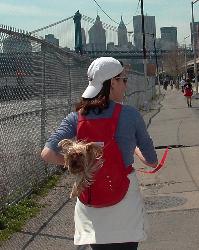 A runner with a little dog in her backpack