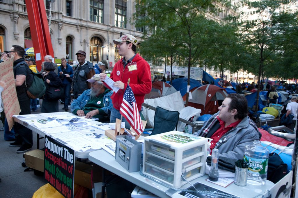 Occupy Wall Street information table, Zuccotti Park, 2011