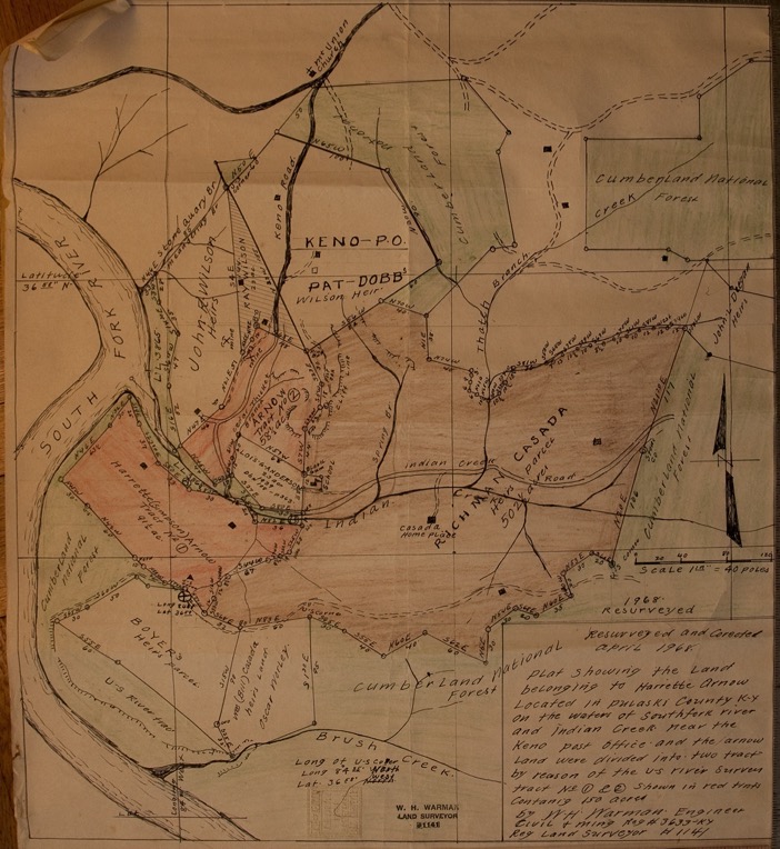 1968 survey map of Arnow farm in Pulaski County, Ky.
